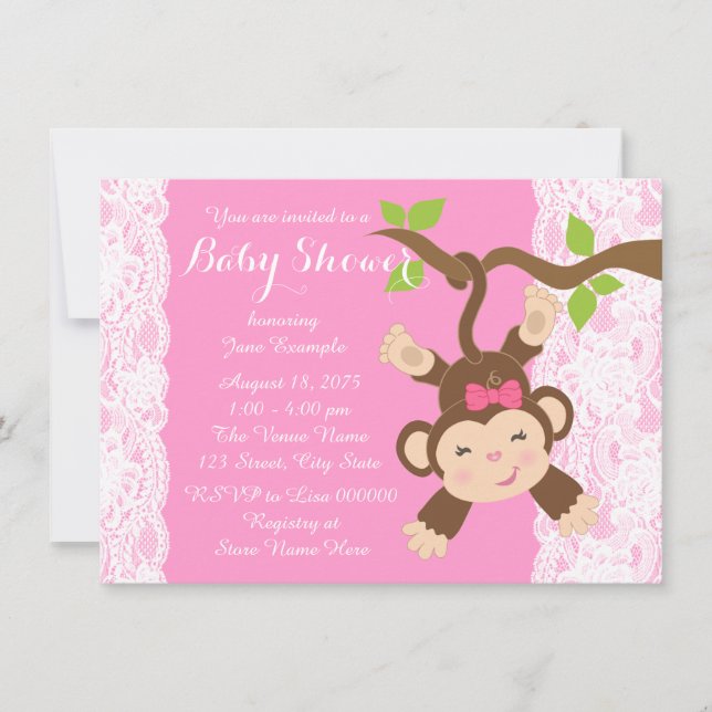 Pink Lace Monkey Baby Girl Shower Invitation (Front)