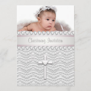 Pink Lace Pearls Cross Baby Girl Photo Christening Invitation