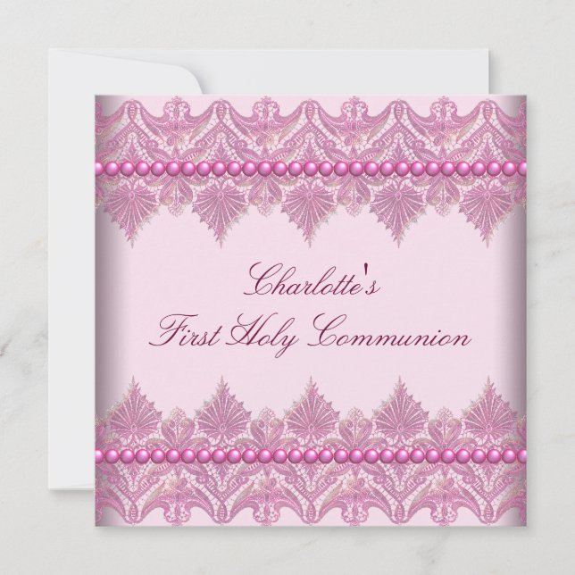 Pink Lace Pearls Girls Pink 1st Communion Invitation (Front)