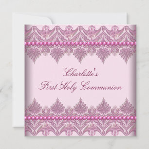 Pink Lace Pearls Girls Pink 1st Communion Invitation