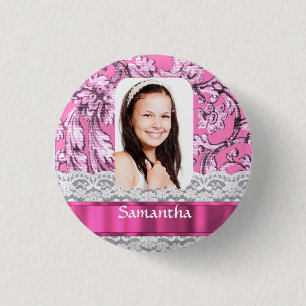 Pink lace personalised photo template 3 cm round badge