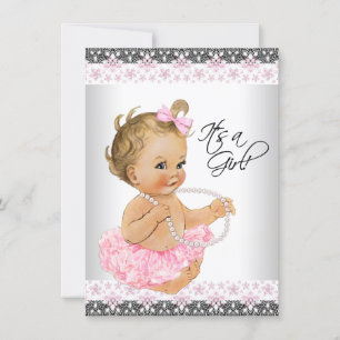 Pink Lace Pink Grey Baby Girl Shower Invitation