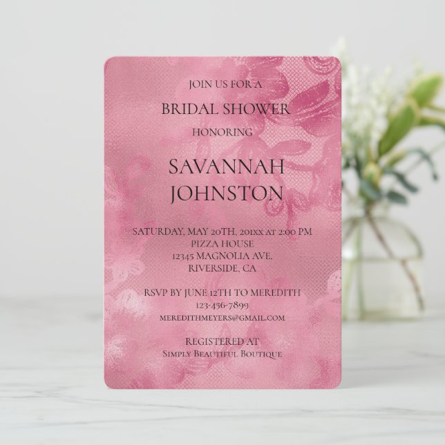 Pink Lace Romantic Bridal Shower Invitation (Standing Front)