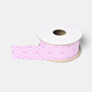 Pink Lace & White Floral Lattice Pattern Grosgrain Ribbon