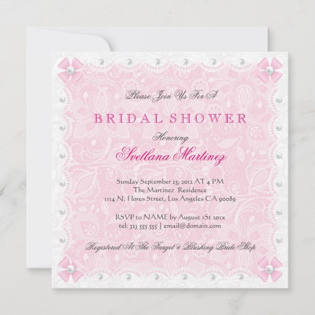 Pink Lace & White Pearls Bridal Shower  Invite (Front)