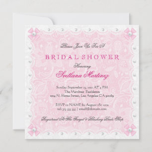Pink Lace & White Pearls Bridal Shower  Invite