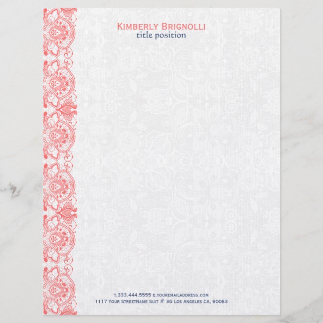 Pink Lace With White Damasks Custom Letterhead (Front)