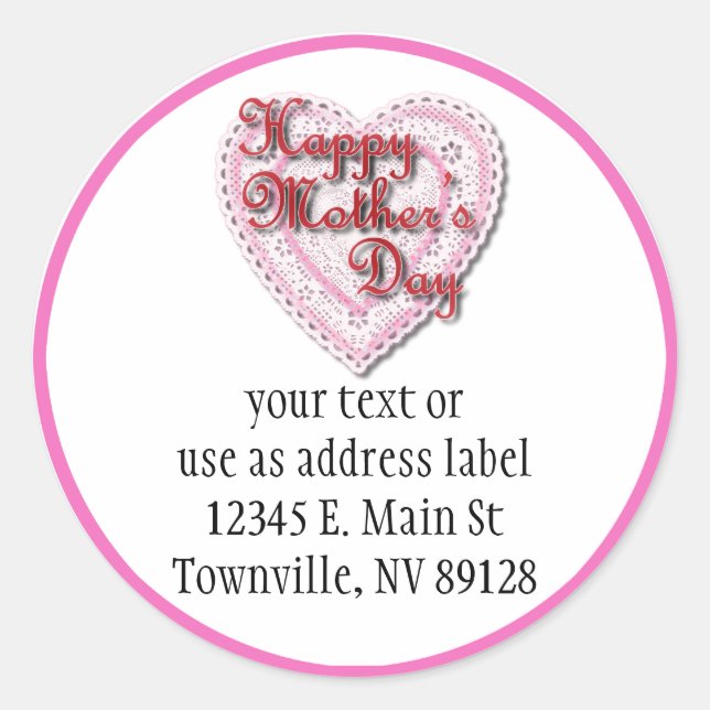 Pink Laced Heart for Mother's Day Classic Round Sticker (Front)
