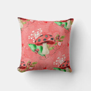 Pink Lady Bug And Mushroom Pattern Cushion