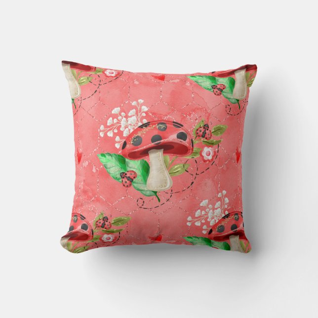 Pink Lady Bug And Mushroom Pattern Cushion (Front)