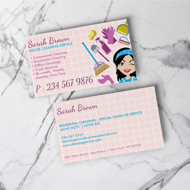 Pink Lady Cartoon Cleaning Service Janitorial Business Card (Pink Lady Cartoon Cleaning Service Janitorial Business Card)