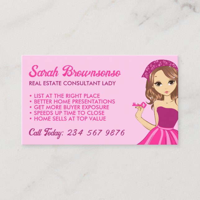 Pink Lady Cartoon Elegant Mortgage Broker Realtor Business Card (Front)