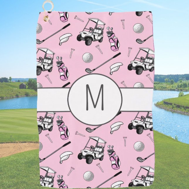 Pink Lady Golfer Stylish Modern Custom Initial Golf Towel (Creator Uploaded)