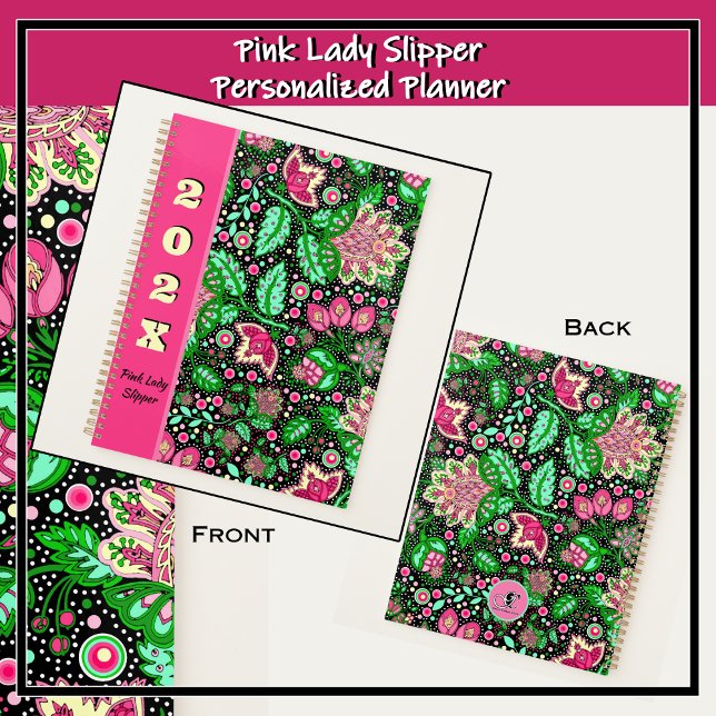 Pink Lady Slipper Flowers on Black Personalised Planner (Bold pink and green modern folk art design featuring delicate pink lady slipper flowers. )