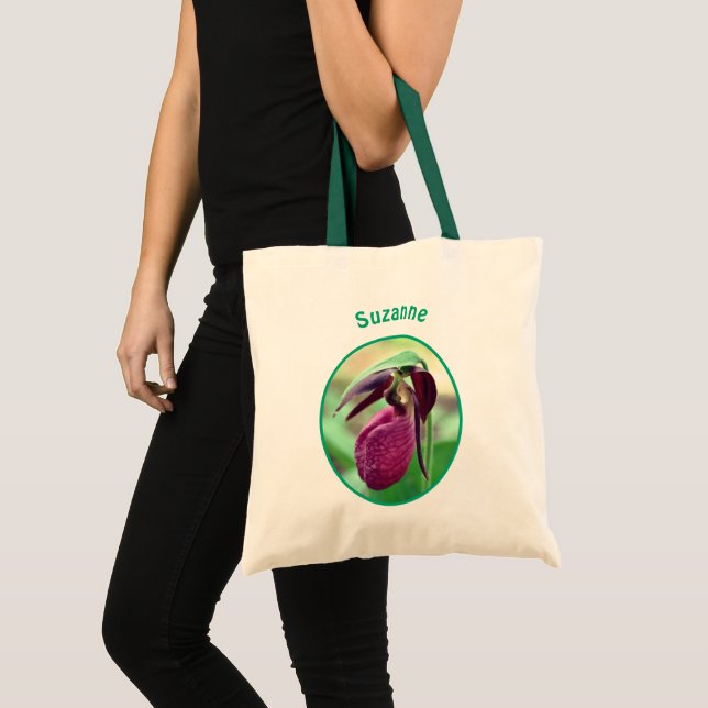 Pink Lady Slipper Orchid Flower Personalised Tote Bag (Front (Product))