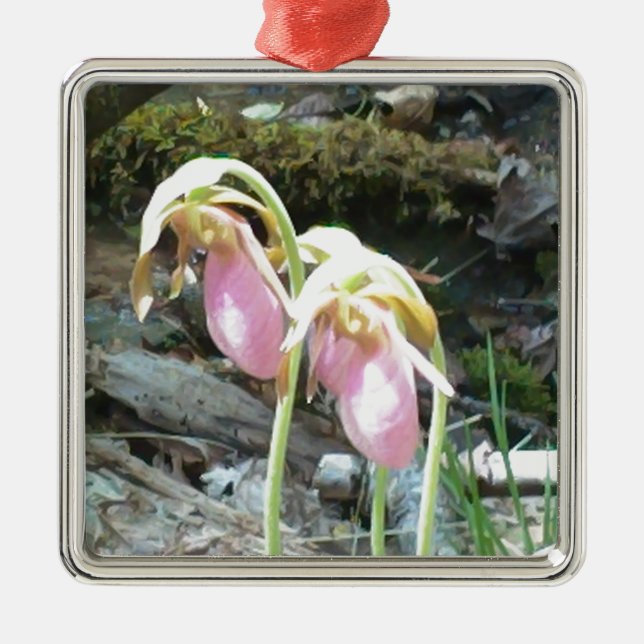 Pink lady slipper Orchid Metal Tree Decoration (Front)