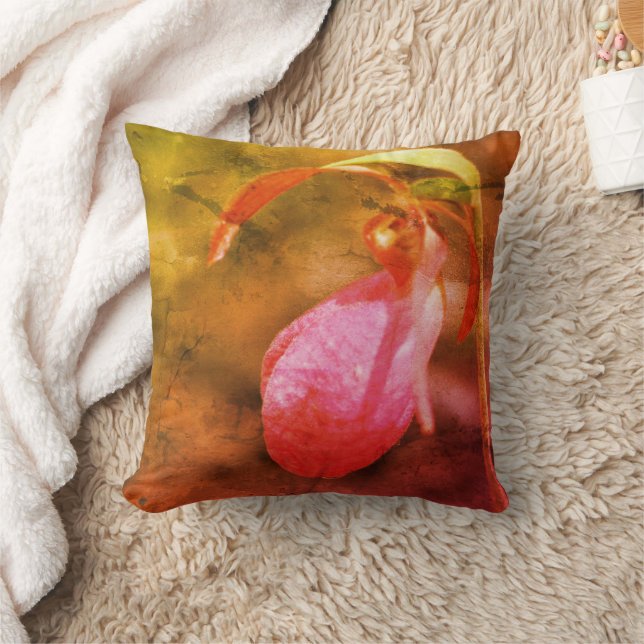 Pink Lady Slipper Orchid Raindrop Abstract  Cushion (Blanket)