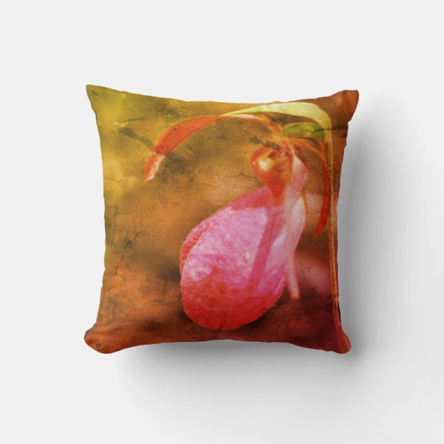 Pink Lady Slipper Orchid Raindrop Abstract  Cushion (Front)