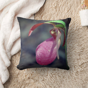 Pink Lady Slipper Orchid Raindrop Cushion