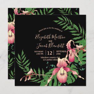 Pink Lady Slipper Orchid Wreath on Black Wedding Invitation