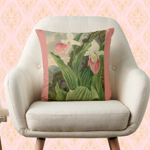 Pink Lady Slipper Vintage Floral Orchid Botanical Cushion