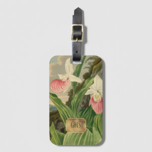 Pink Lady Slipper Vintage Floral Orchid Monogram Luggage Tag
