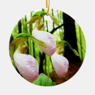 Pink Lady Slipper wild Orchid Ceramic Tree Decoration