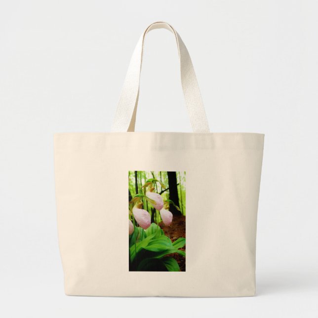 Pink Lady Slipper wild Orchid Large Tote Bag (Front)