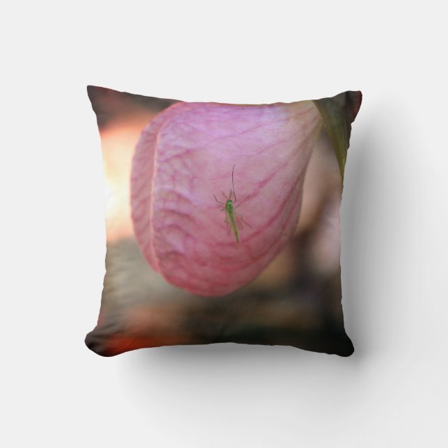 Pink Lady Slipper With Visiting Green Insect   Cushion (Front)