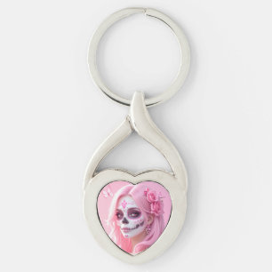 Pink Lady Sugar Skull Key Ring