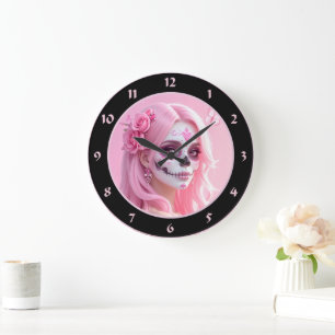 Pink Lady Sugar Skull Large Clock