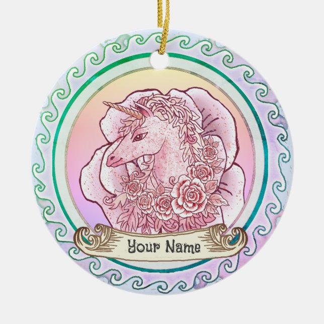 Pink Lady Unicorn  Ceramic Ornament (Front)