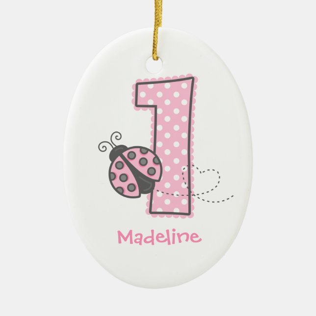 Pink Ladybug 1st Birthday Ceramic Tree Decoration (Front)