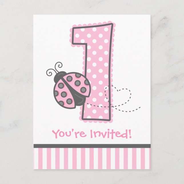 Pink Ladybug 1st Birthday Invitation Postcard (Front)
