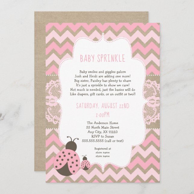 Pink Ladybug Baby Sprinkle, girl baby shower Invitation (Front/Back)