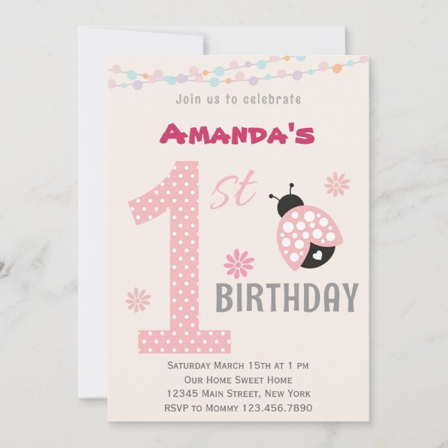 Pink Ladybug First Birthday Party Invitation (Front)