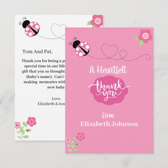 Pink Ladybug Flat Thank You Card (Front/Back)