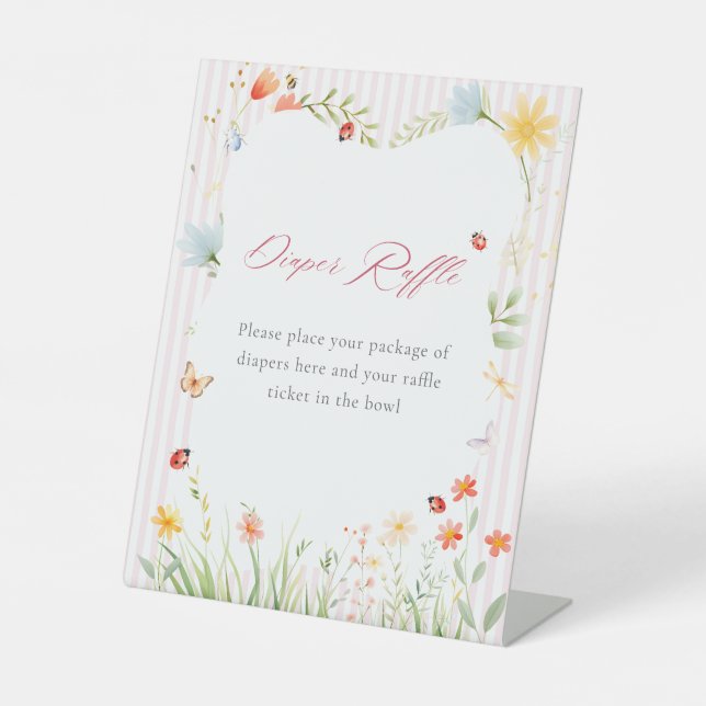 Pink Ladybug Floral Garden Diaper Raffle Pedestal Sign (Front)