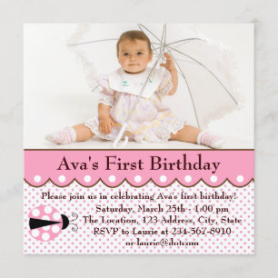 Pink Ladybug Girls Photo 1st Birthday Party Invitation