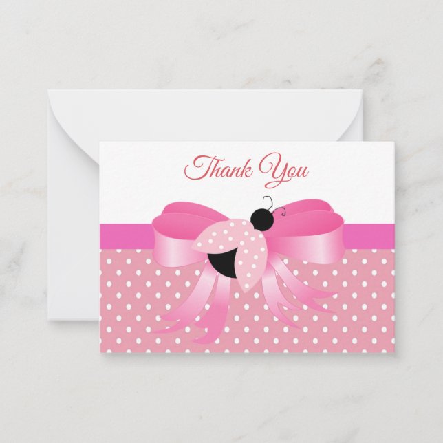 Pink Ladybug On Pink Ribbon Thank You Card (Front)