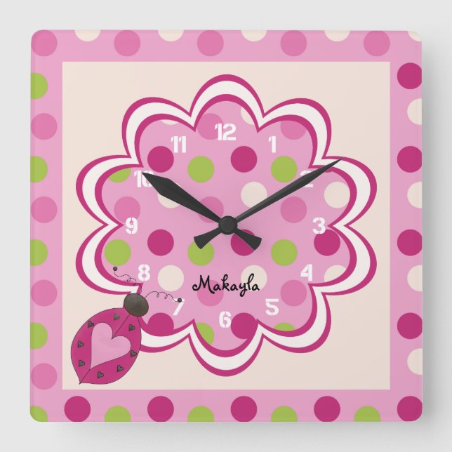 Pink Ladybug on Polka Dots Nursery Wall Clock (Front)