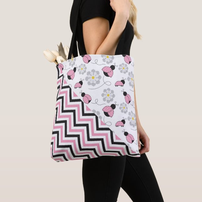 Pink Ladybug Pattern Tote Bag (Close Up)
