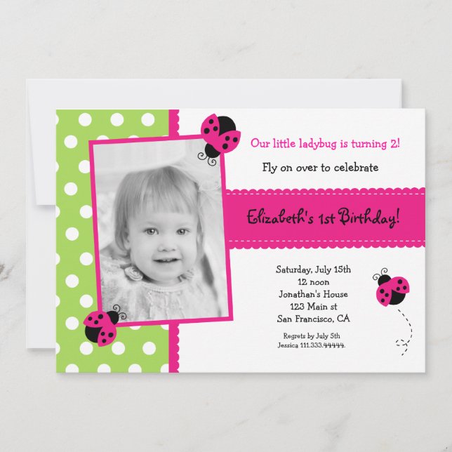 Pink Ladybug Photo BIrthday Party Invitations (Front)