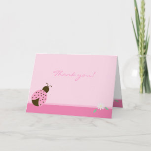 Pink Ladybug with daisy FOLDED thank you note Card