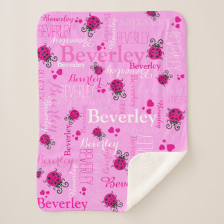 Pink ladybugs and hearts girls custom name sherpa blanket