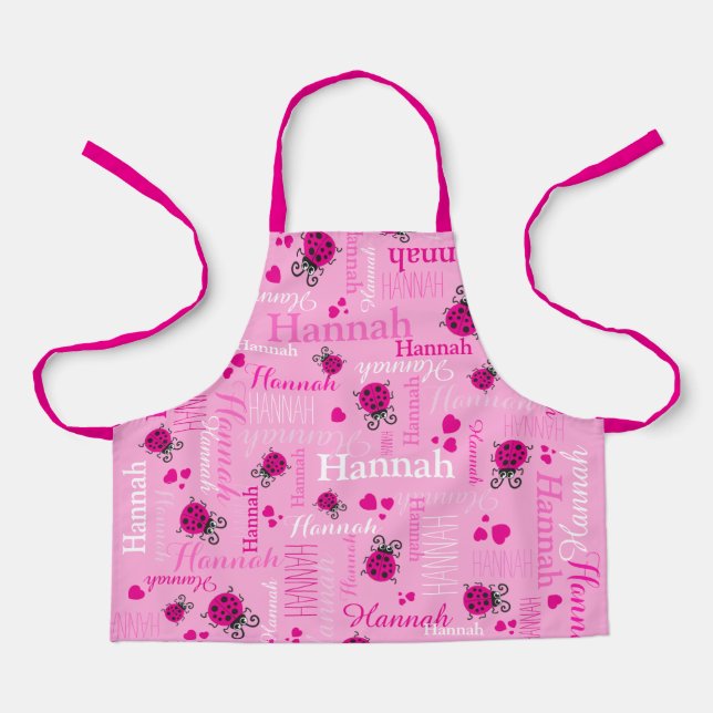 Pink ladybugs and hearts personalized name apron (Front)