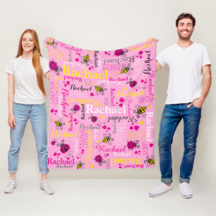 Pink ladybugs bees and hearts girls custom name fleece blanket