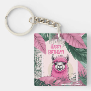 Pink Lama Happy Birthday Card Key Ring