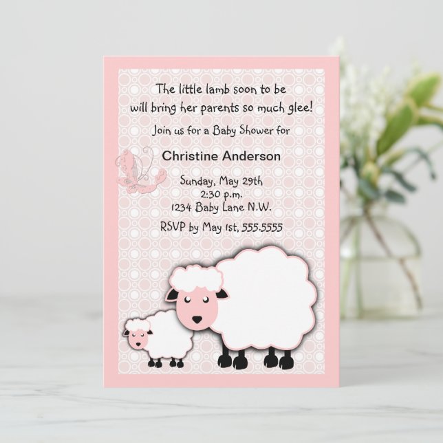 Pink Lamb Baby Girl Shower Invitation (Standing Front)
