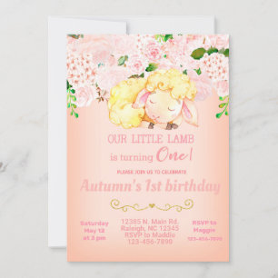 Pink Lamb Girl 1st first birthday invitation. Invitation